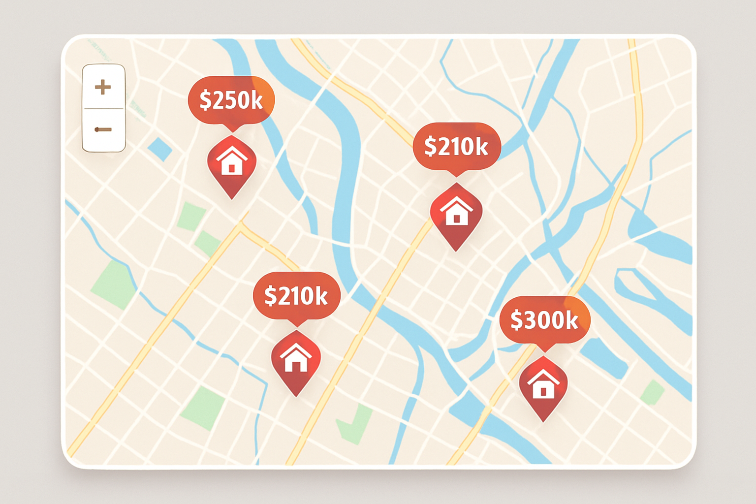 Mapa interativo mostrando opções de imóveis