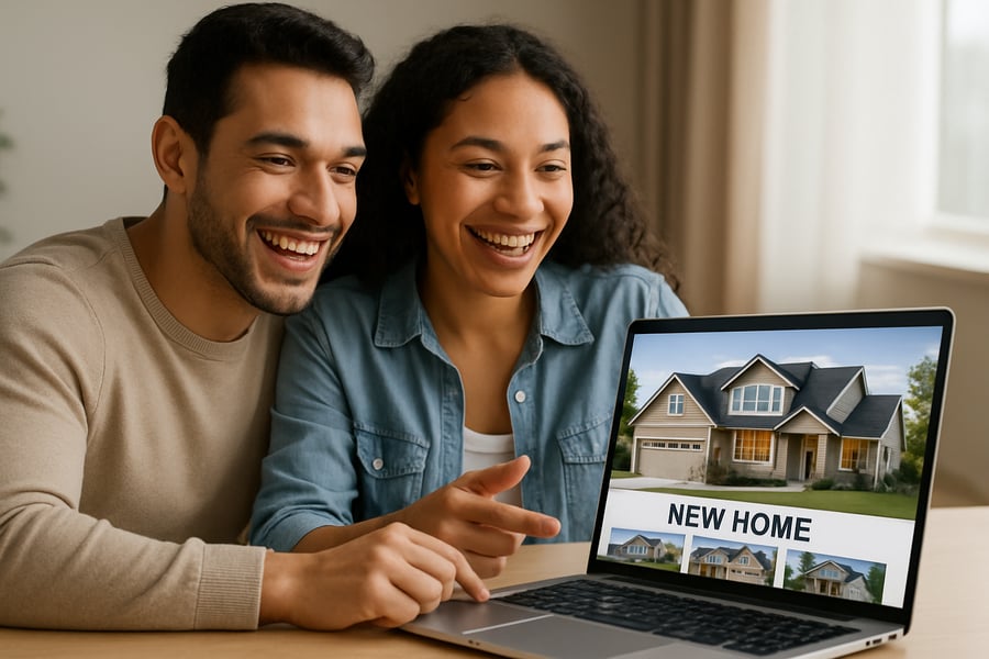 Pessoas felizes escolhendo uma nova casa em um computador